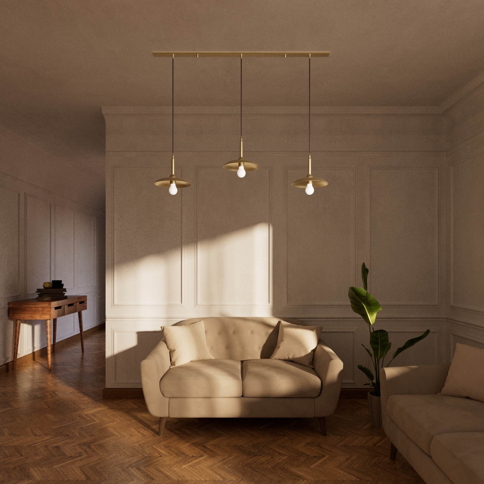 Brass pendant lamp with three light points, vintage and contemporary style, ideal for sophisticated interiors by Ghidini 1849 - Finish: OBV Bronze Satin Light Brass