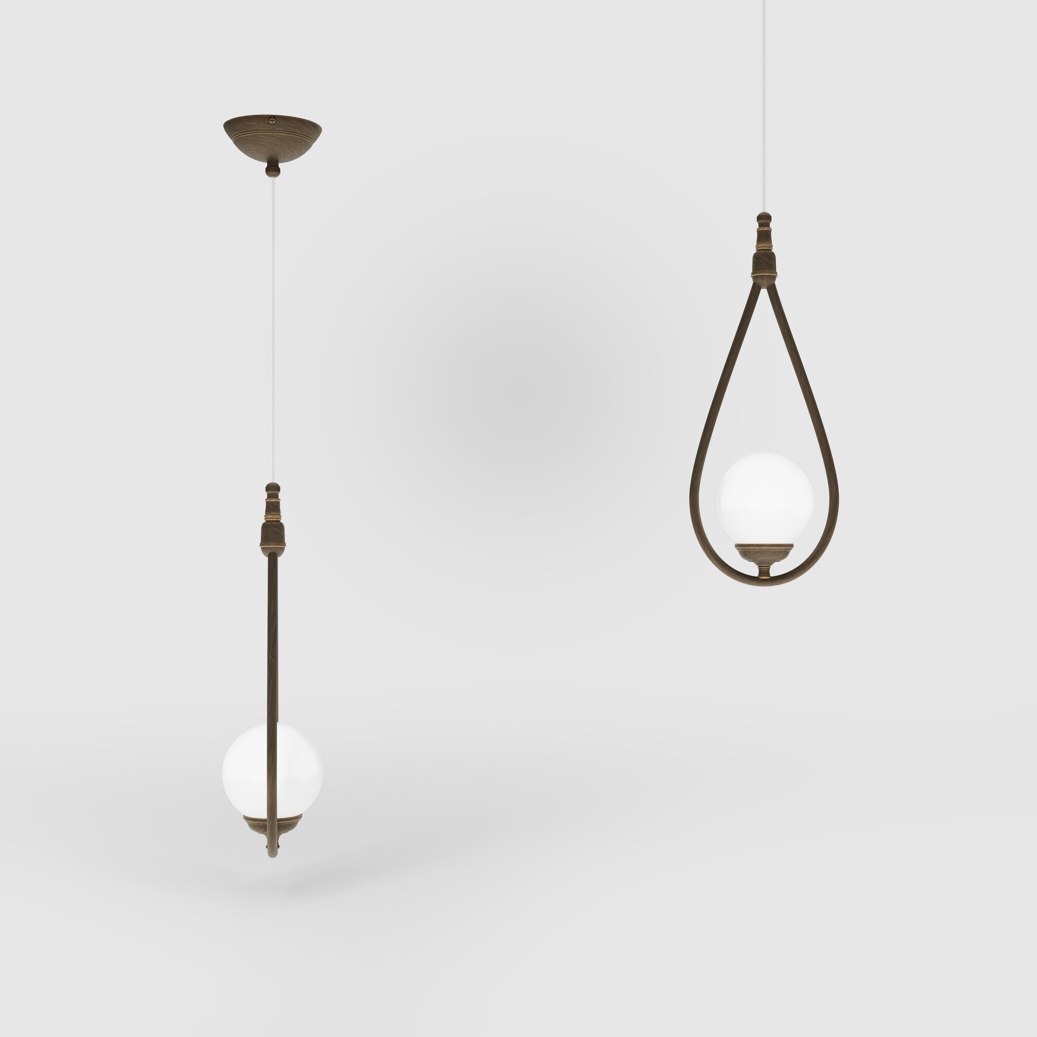 Art Deco teardrop pendant light in brass with glossy white glass sphere adjustable cable elegant design lighting decor by Ghidini 1849 - Finish: OBM Bronze Satin Matt Brass