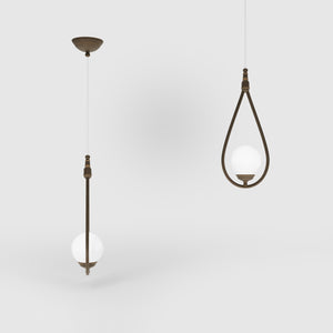 Art Deco teardrop pendant light in brass with glossy white glass sphere adjustable cable elegant design lighting decor by Ghidini 1849 - Finish: OBM Bronze Satin Matt Brass