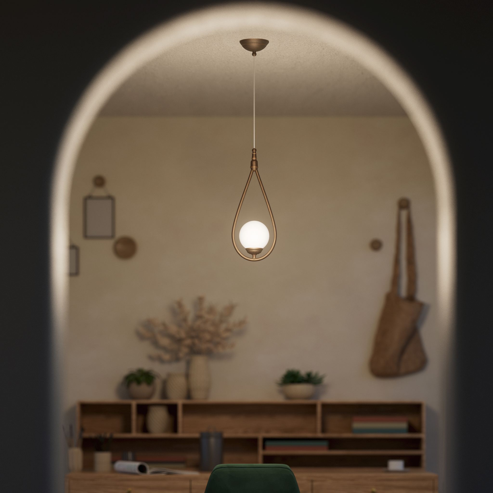 Art Deco teardrop pendant light in brass with glossy white glass sphere adjustable cable elegant design lighting decor by Ghidini 1849 - Finish: OBM Bronze Satin Matt Brass