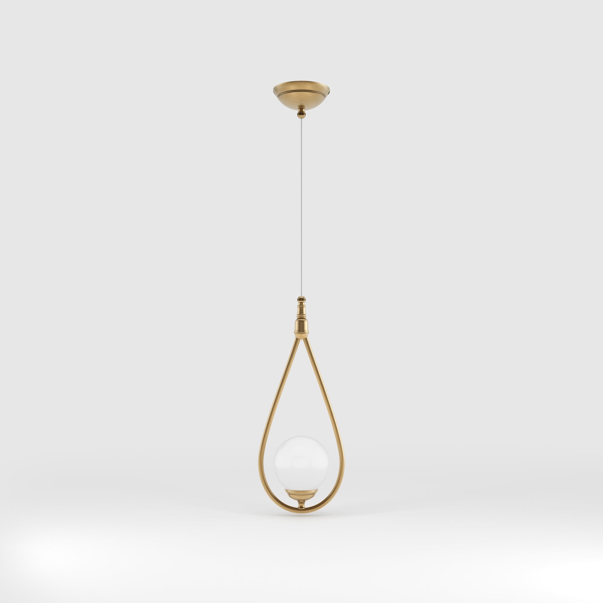 Art Deco teardrop pendant light in brass with glossy white glass sphere adjustable cable elegant design lighting decor by Ghidini 1849 - Finish: OBS Bronze Satin Brass