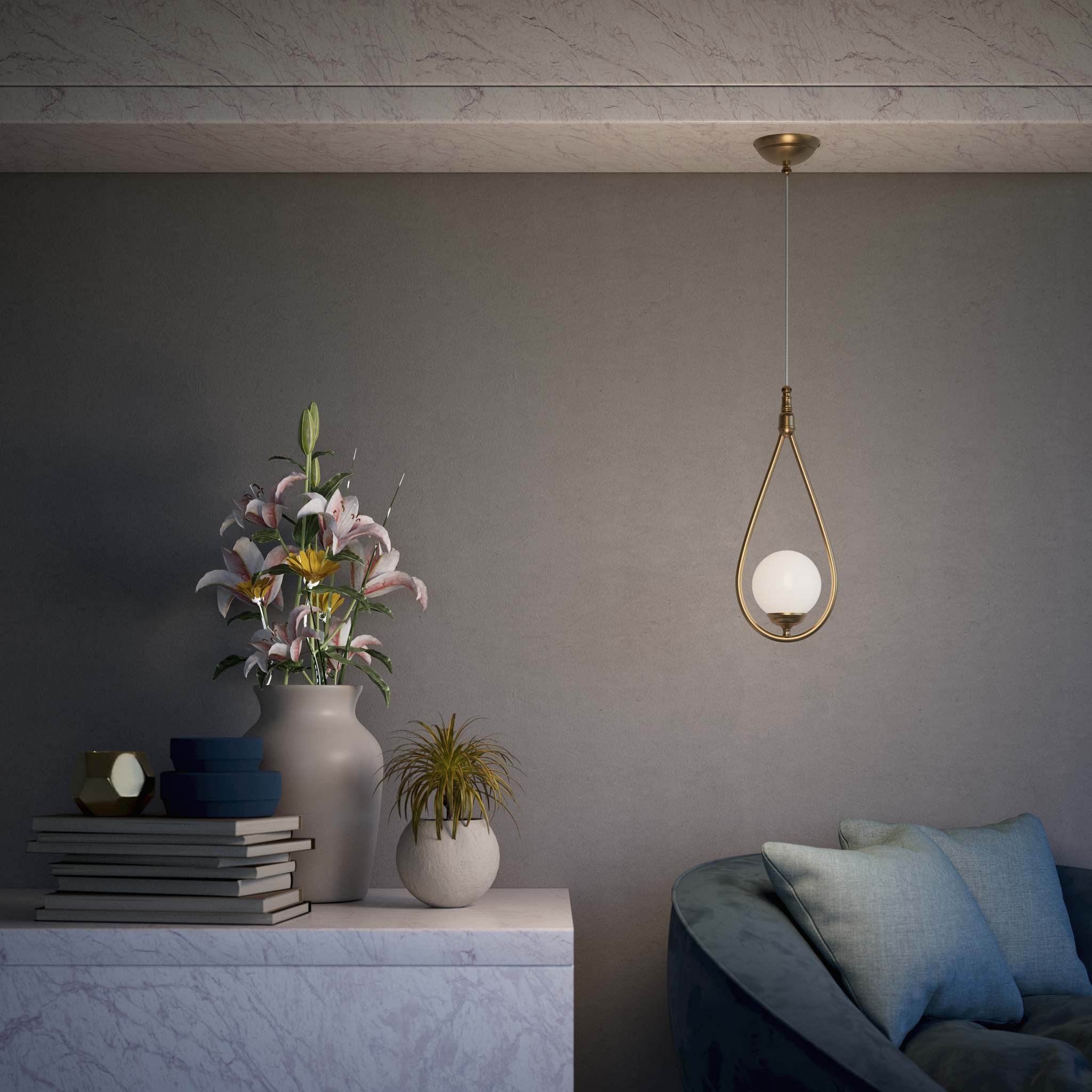 Art Deco teardrop pendant light in brass with glossy white glass sphere adjustable cable elegant design lighting decor by Ghidini 1849 - Finish: OBS Bronze Satin Brass