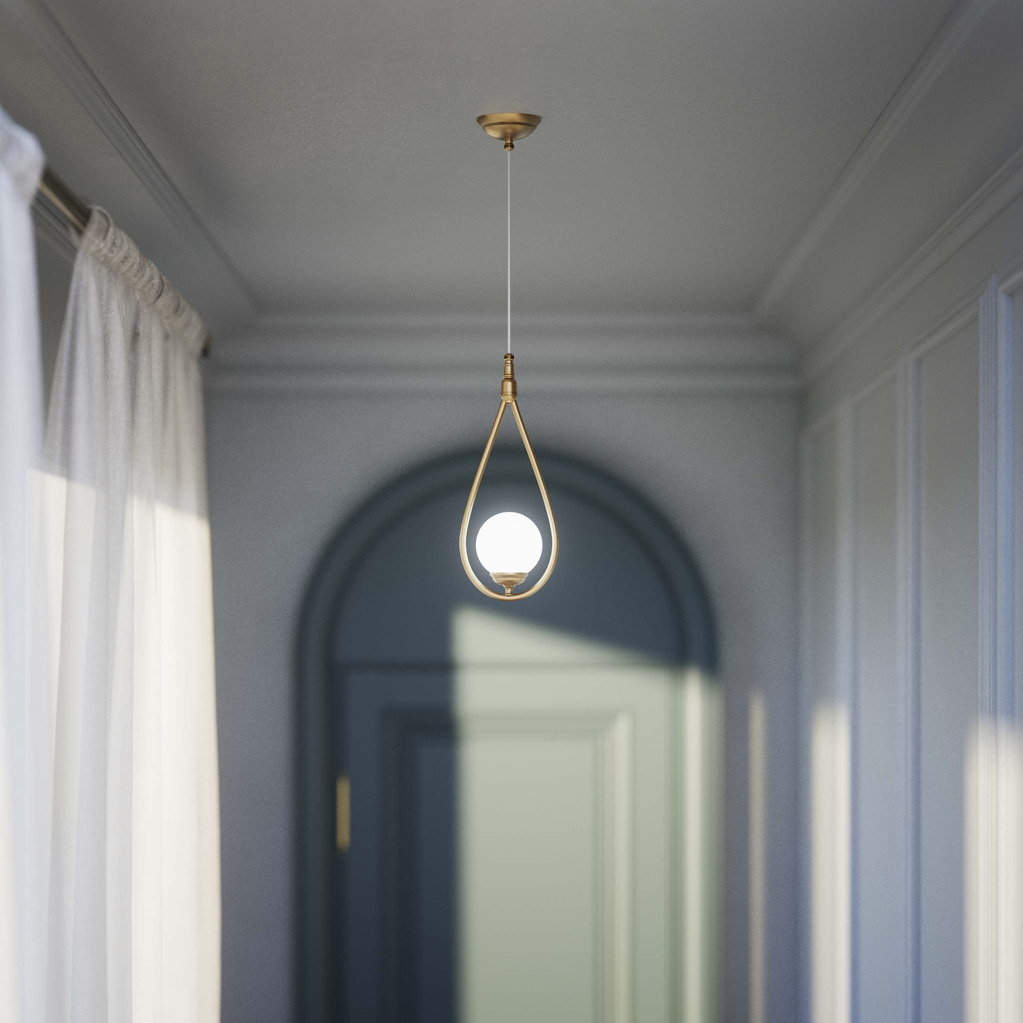 Art Deco teardrop pendant light in brass with glossy white glass sphere adjustable cable elegant design lighting decor by Ghidini 1849 - Finish: OBS Bronze Satin Brass