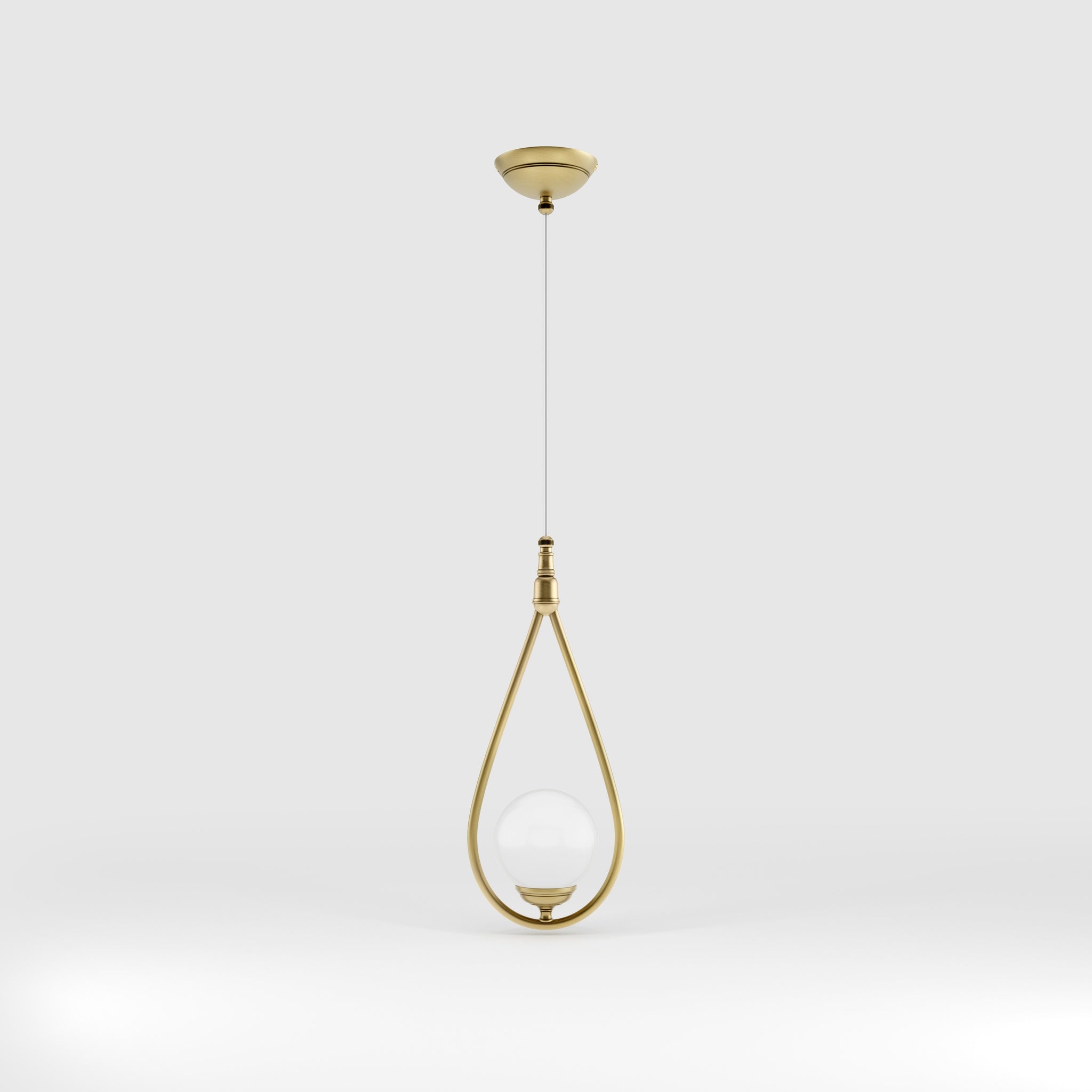 Art Deco teardrop pendant light in brass with glossy white glass sphere adjustable cable elegant design lighting decor by Ghidini 1849 - Finish: OBV Bronze Satin Light Brass