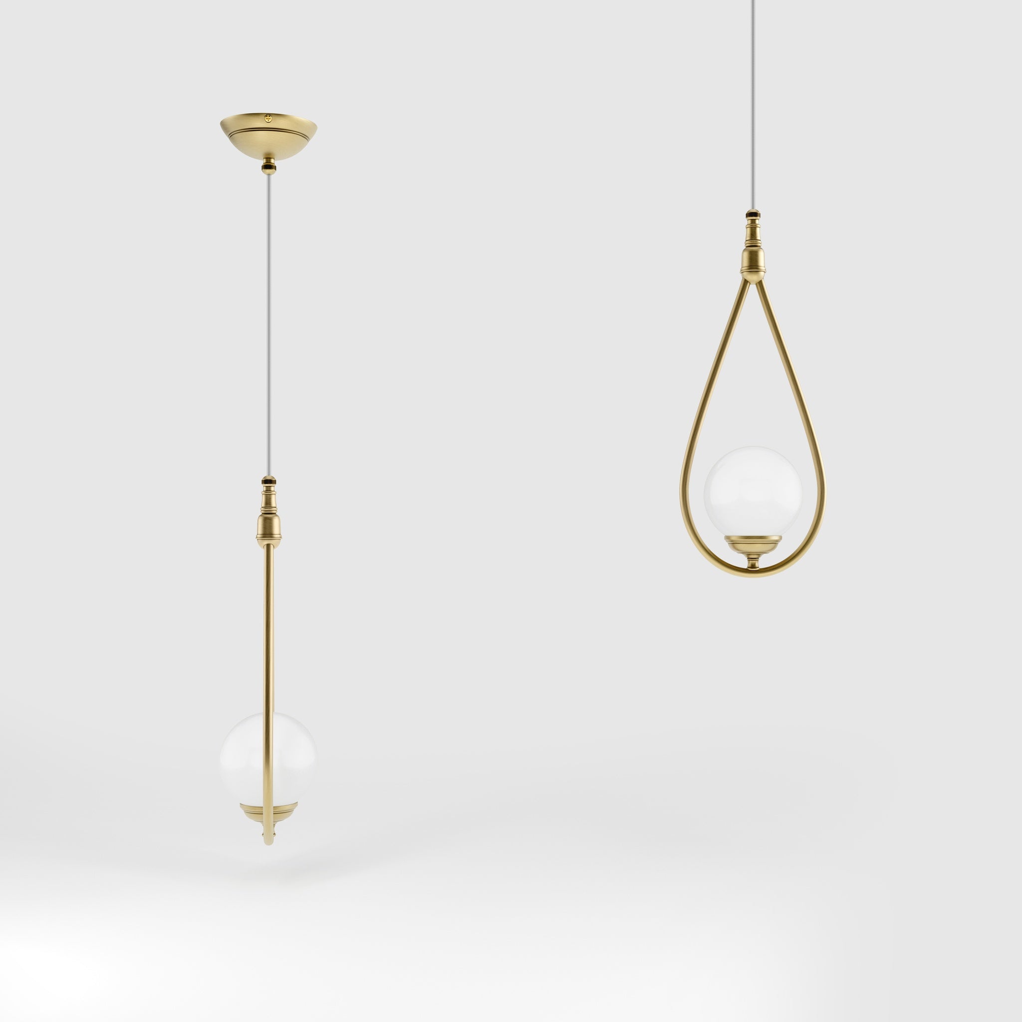 Art Deco teardrop pendant light in brass with glossy white glass sphere adjustable cable elegant design lighting decor by Ghidini 1849 - Finish: OBV Bronze Satin Light Brass