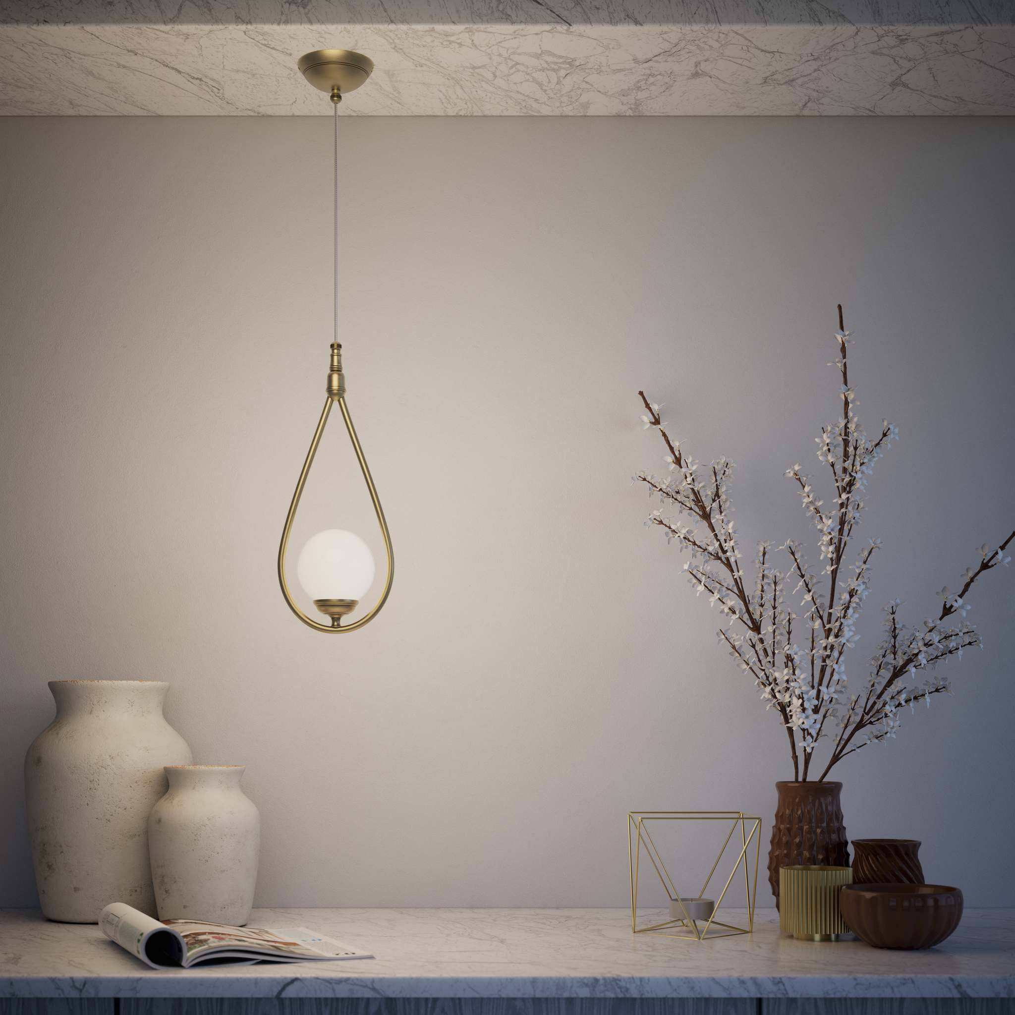 Art Deco teardrop pendant light in brass with glossy white glass sphere adjustable cable elegant design lighting decor by Ghidini 1849 - Finish: OBV Bronze Satin Light Brass