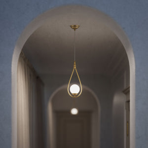 Art Deco teardrop pendant light in brass with glossy white glass sphere adjustable cable elegant design lighting decor by Ghidini 1849 - Finish: OBV Bronze Satin Light Brass