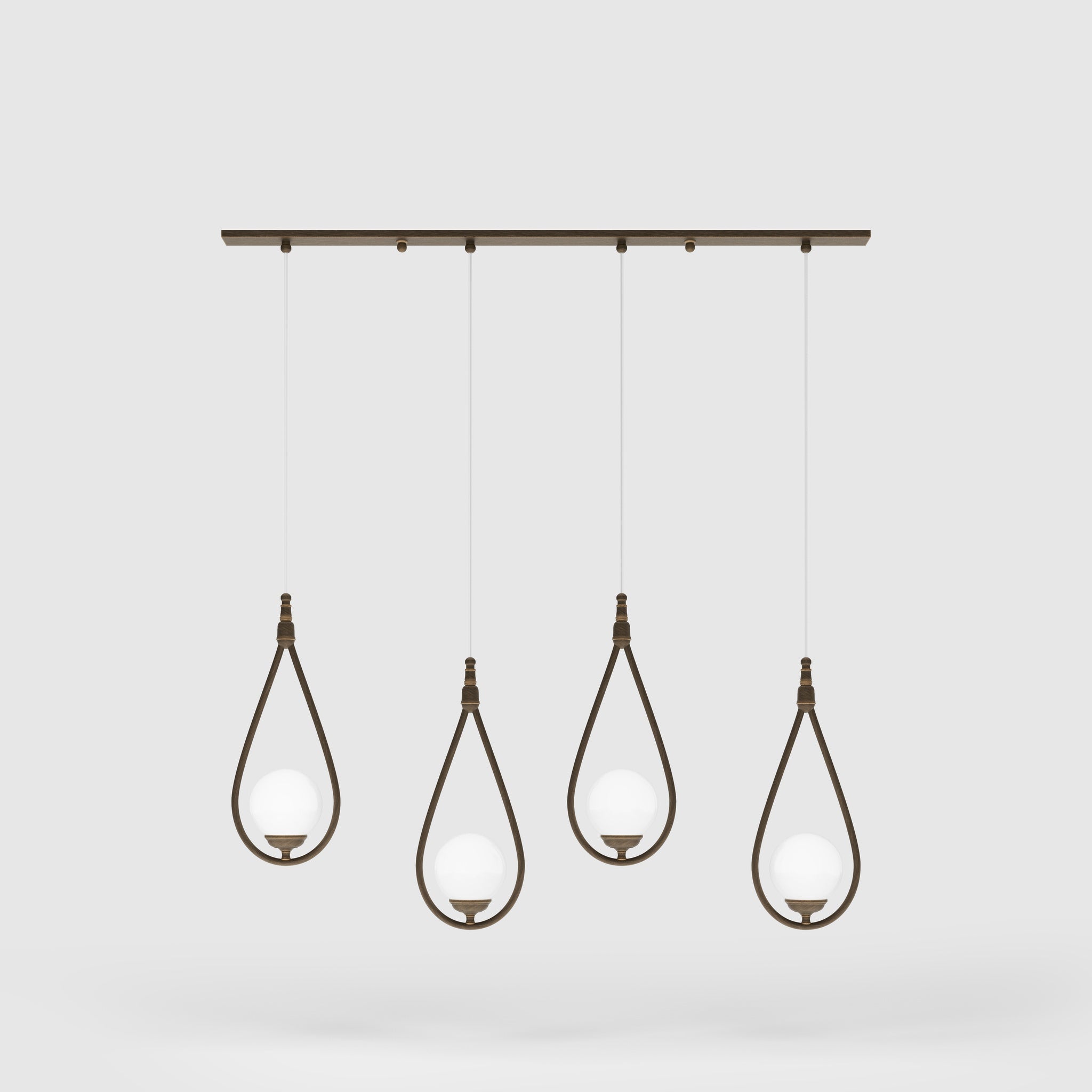 Art Deco multiple pendant with 4 brass teardrops and glossy white glass spheres adjustable cables elegant design by Ghidini 1849 - Finish: OBM Bronze Satin Matt Brass