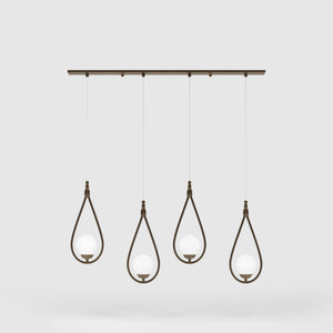 Art Deco multiple pendant with 4 brass teardrops and glossy white glass spheres adjustable cables elegant design by Ghidini 1849 - Finish: OBM Bronze Satin Matt Brass