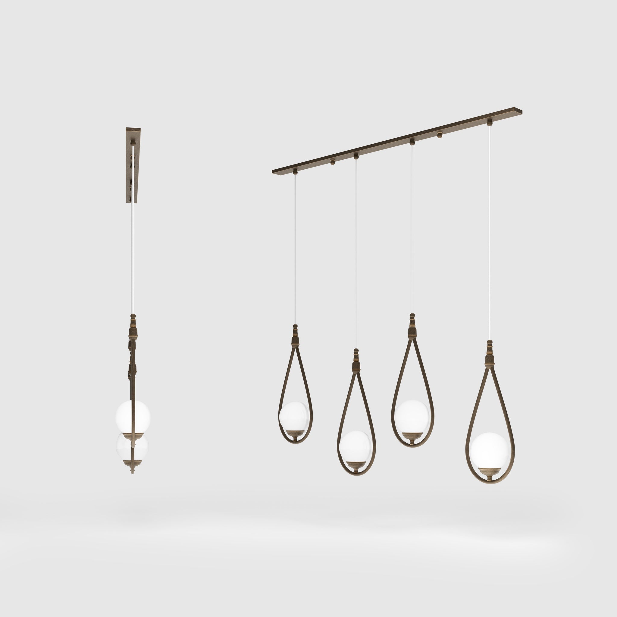 Art Deco multiple pendant with 4 brass teardrops and glossy white glass spheres adjustable cables elegant design by Ghidini 1849 - Finish: OBM Bronze Satin Matt Brass