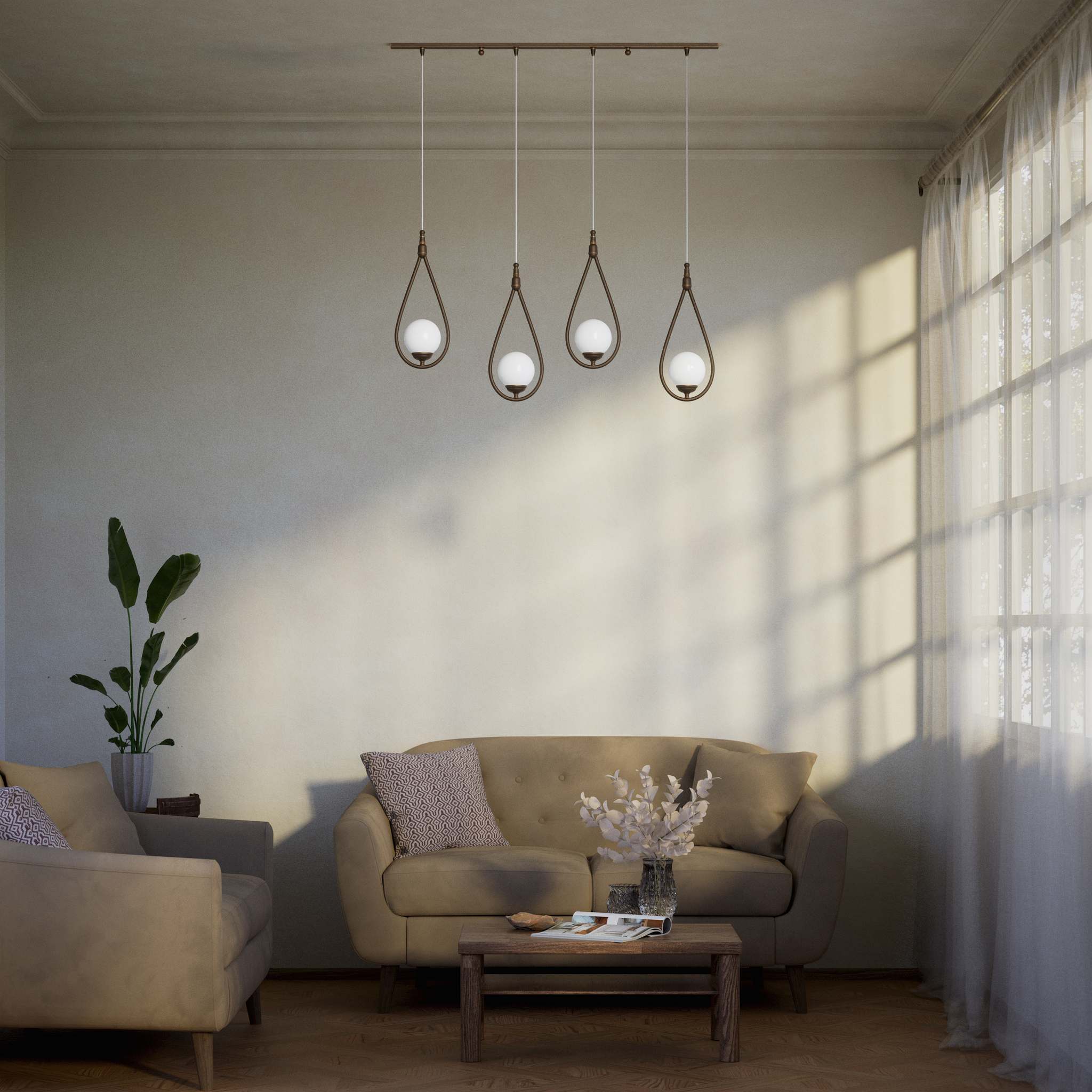 Art Deco multiple pendant with 4 brass teardrops and glossy white glass spheres adjustable cables elegant design by Ghidini 1849 - Finish: OBM Bronze Satin Matt Brass