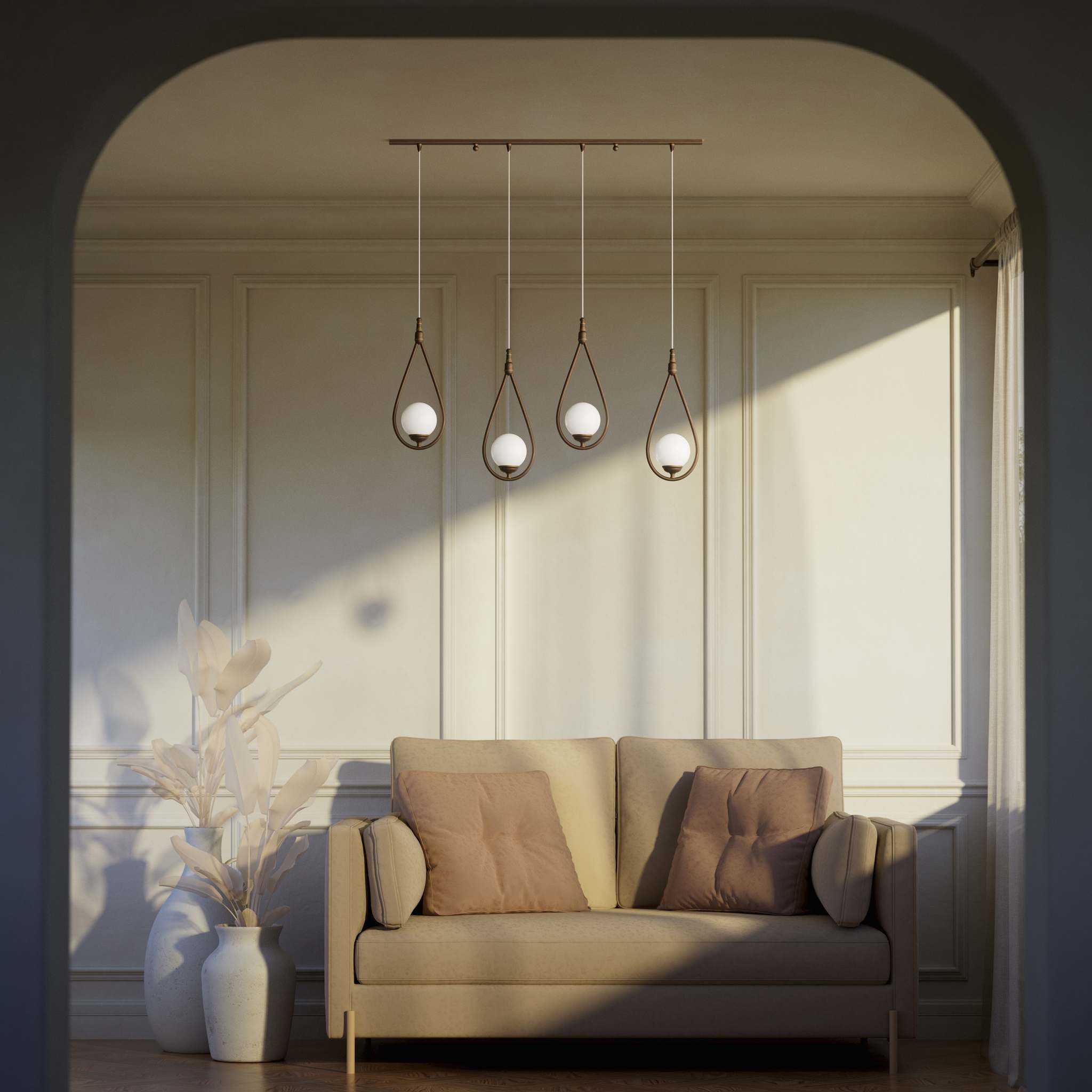 Art Deco multiple pendant with 4 brass teardrops and glossy white glass spheres adjustable cables elegant design by Ghidini 1849 - Finish: OBM Bronze Satin Matt Brass