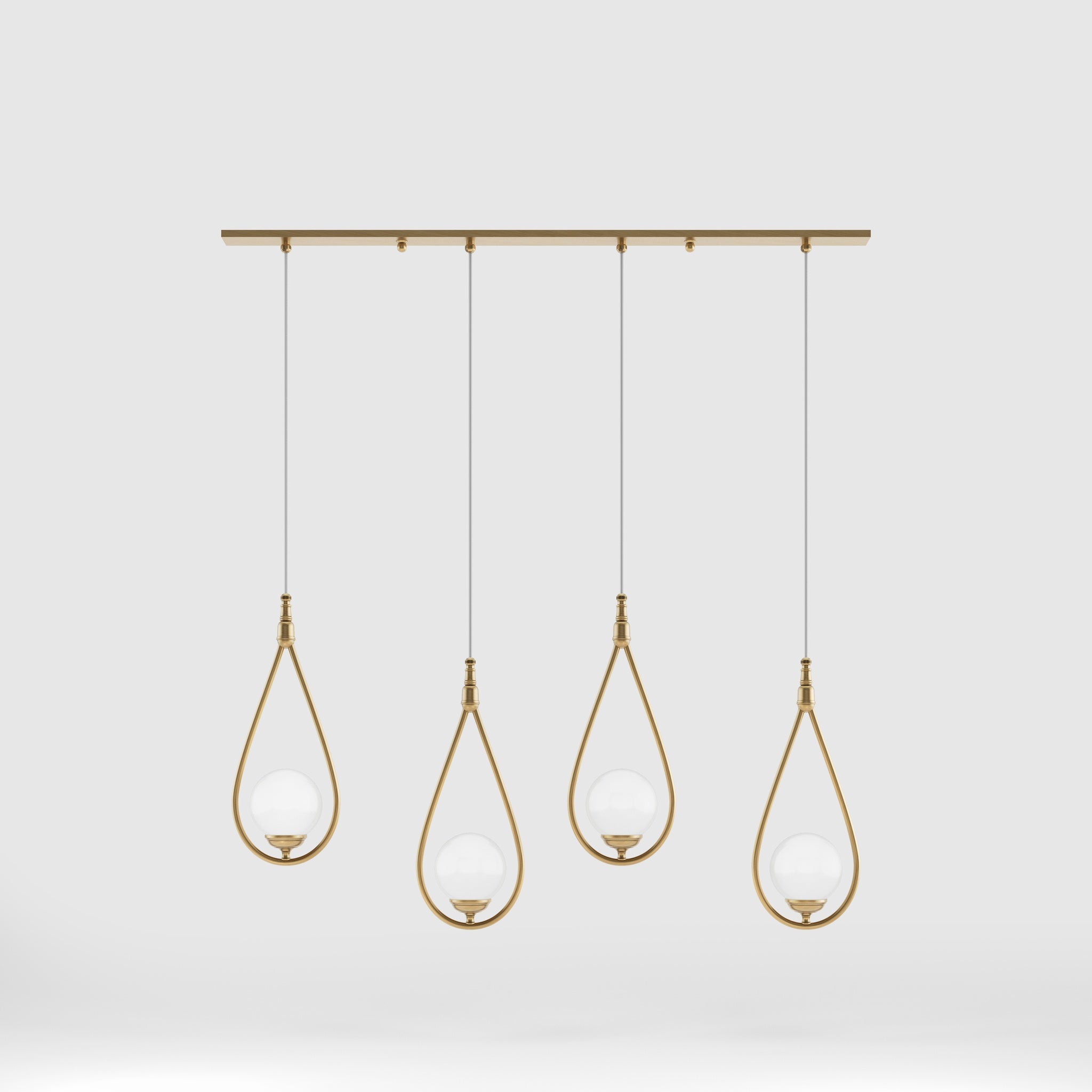 Art Deco multiple pendant with 4 brass teardrops and glossy white glass spheres adjustable cables elegant design by Ghidini 1849 - Finish: OBS Bronze Satin Brass