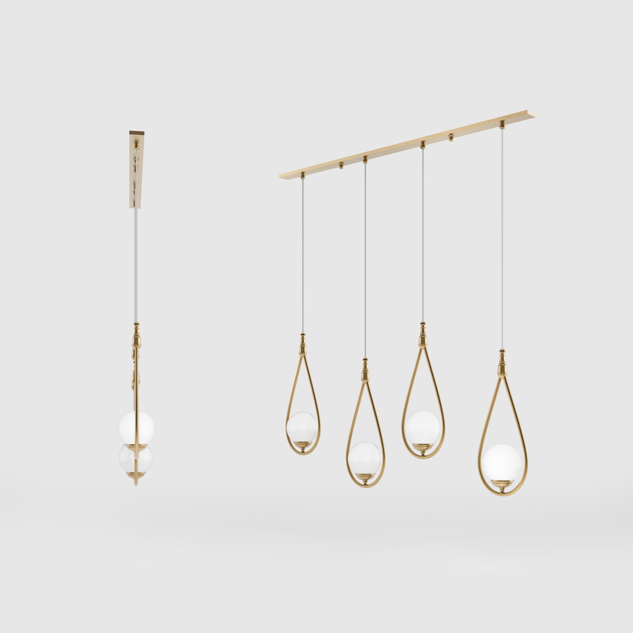 Art Deco multiple pendant with 4 brass teardrops and glossy white glass spheres adjustable cables elegant design by Ghidini 1849 - Finish: OBS Bronze Satin Brass