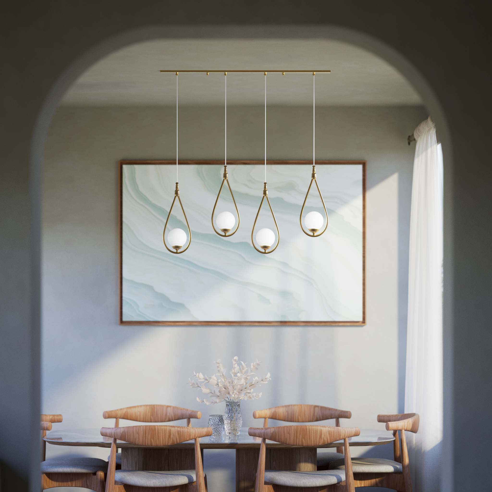 Art Deco multiple pendant with 4 brass teardrops and glossy white glass spheres adjustable cables elegant design by Ghidini 1849 - Finish: OBS Bronze Satin Brass