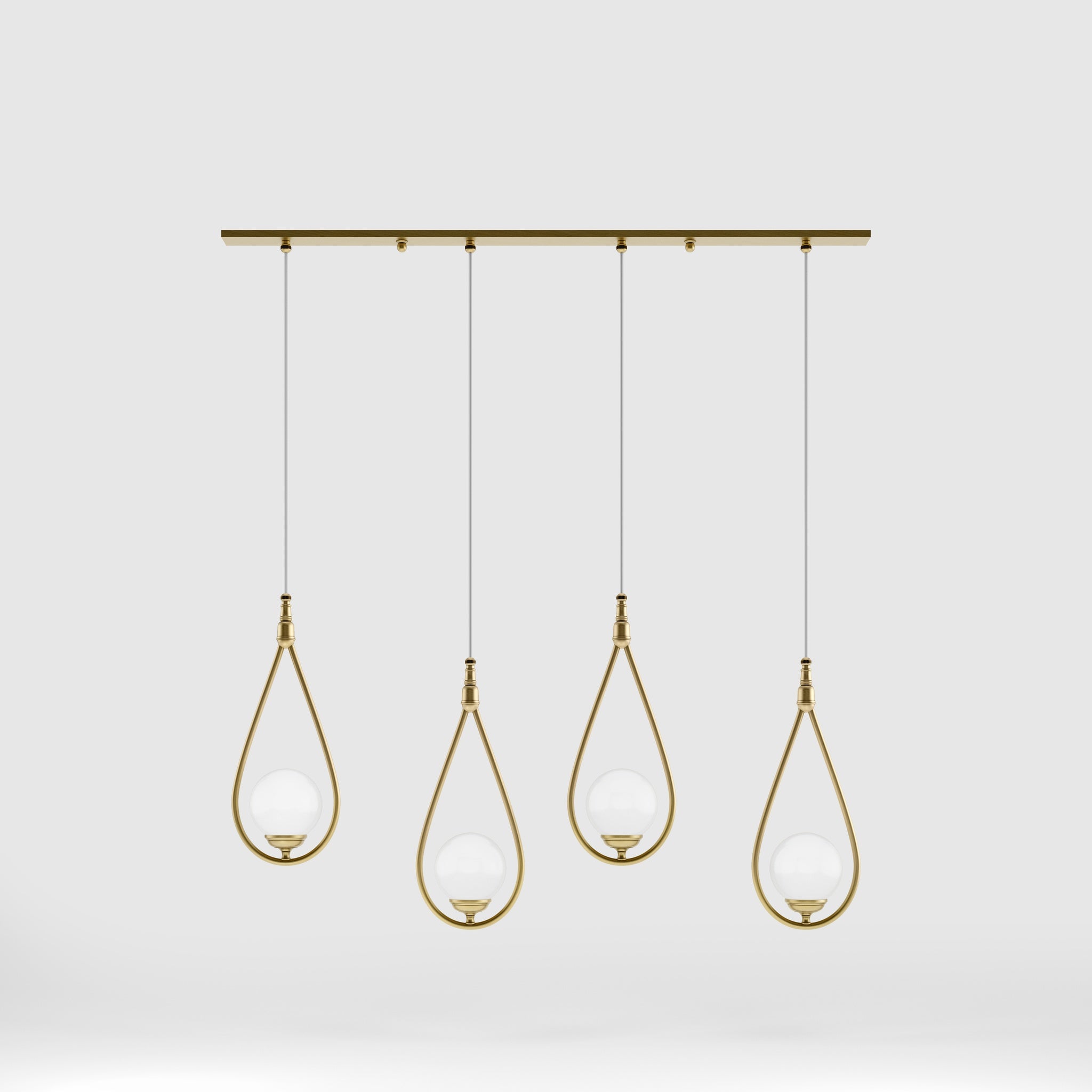 Art Deco multiple pendant with 4 brass teardrops and glossy white glass spheres adjustable cables elegant design by Ghidini 1849 - Finish: OBV Bronze Satin Light Brass