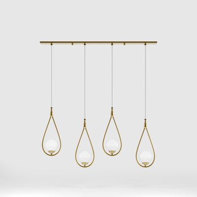 Art Deco multiple pendant with 4 brass teardrops and glossy white glass spheres adjustable cables elegant design by Ghidini 1849 - Finish: OBV Bronze Satin Light Brass