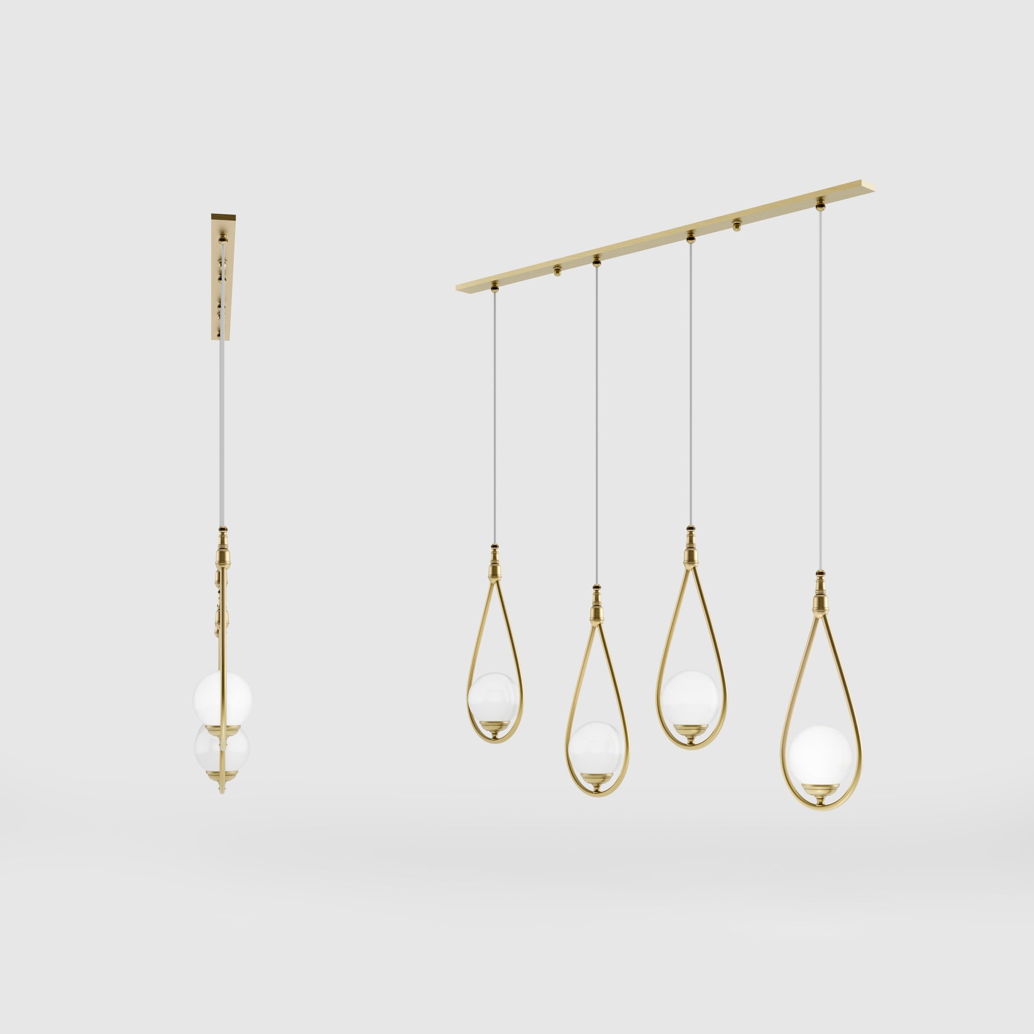 Art Deco multiple pendant with 4 brass teardrops and glossy white glass spheres adjustable cables elegant design by Ghidini 1849 - Finish: OBV Bronze Satin Light Brass