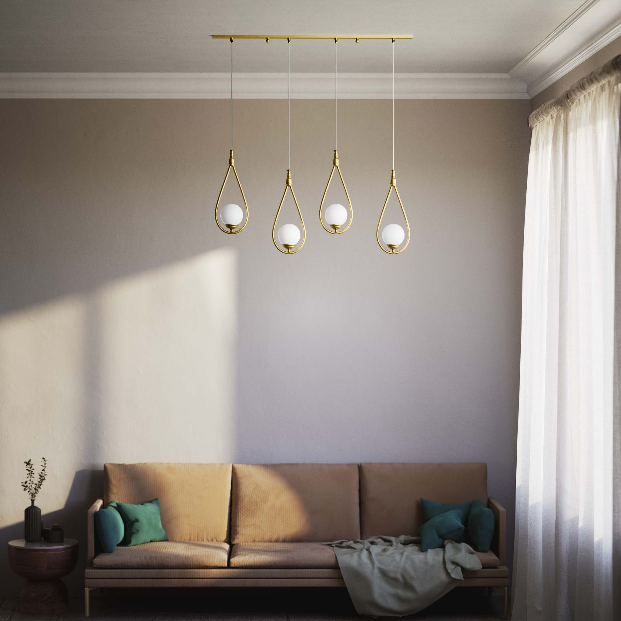 Art Deco multiple pendant with 4 brass teardrops and glossy white glass spheres adjustable cables elegant design by Ghidini 1849 - Finish: OBV Bronze Satin Light Brass