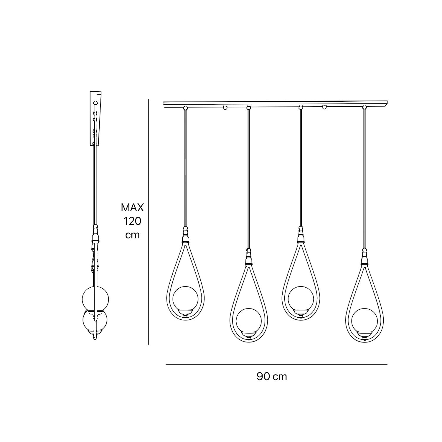 Art Deco multiple pendant with 4 brass teardrops and glossy white glass spheres adjustable cables elegant design by Ghidini 1849