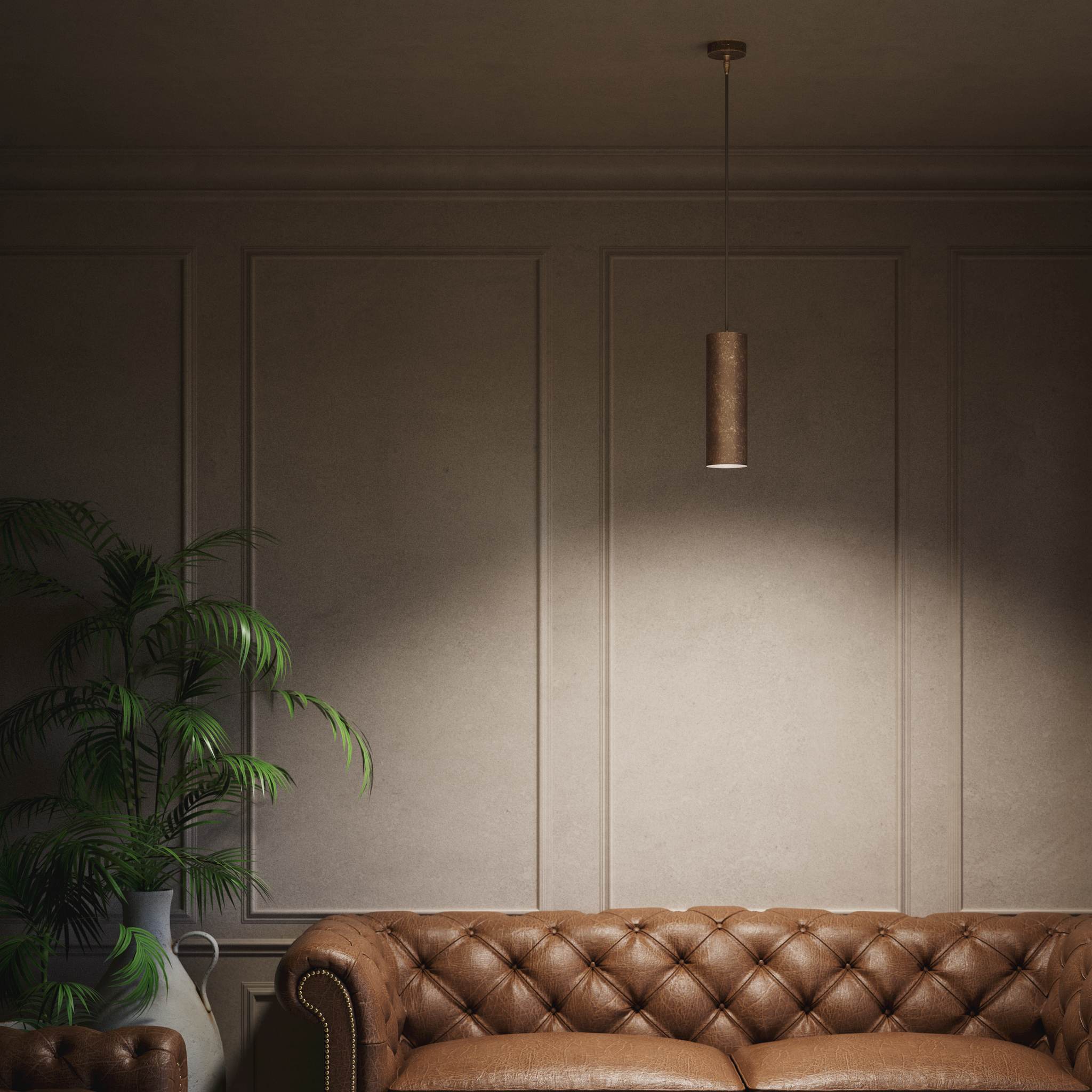Brass pendant light minimal design cylindrical black textile cable modern interior lighting Made in Italy by Ghidini 1849 - Finish: OAS Antique Brass