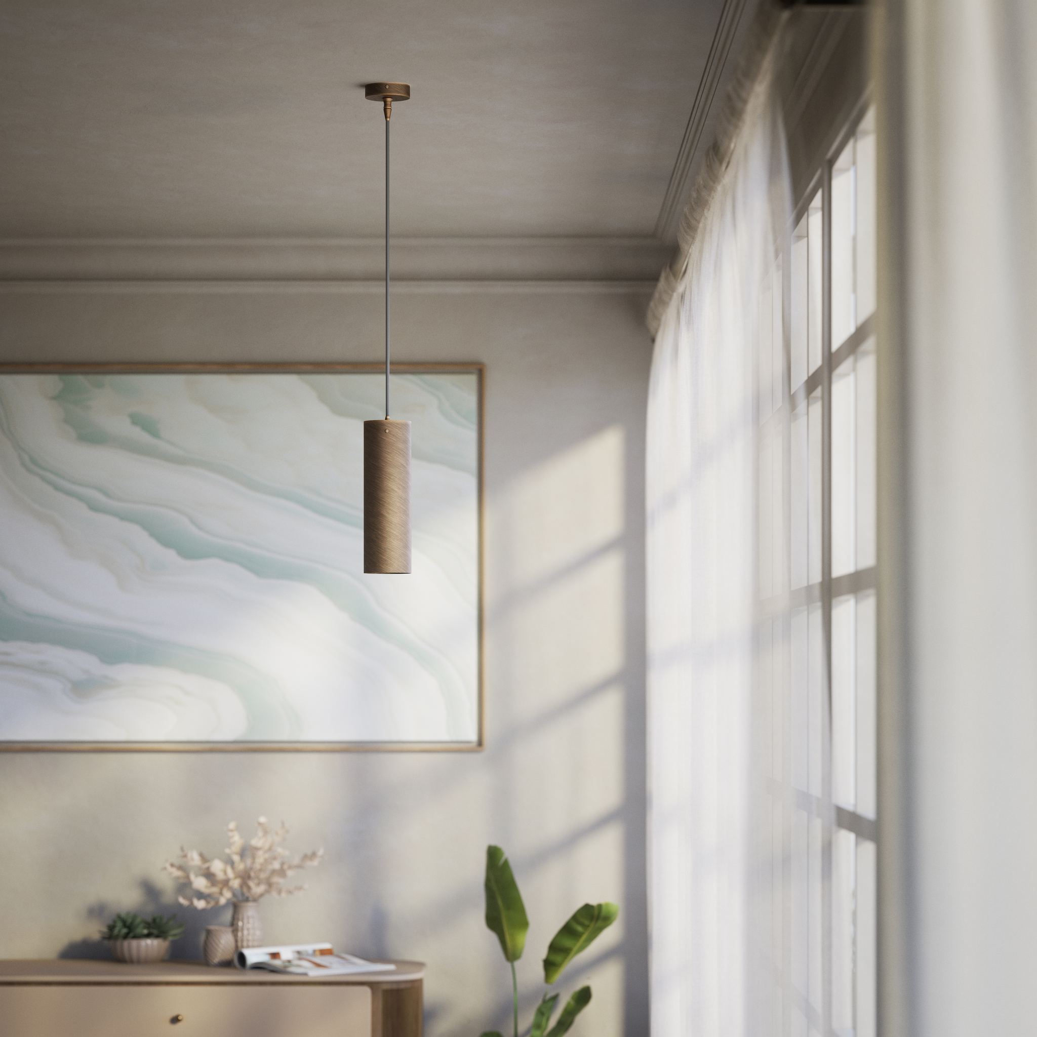 Brass pendant light minimal design cylindrical black textile cable modern interior lighting Made in Italy by Ghidini 1849 - Finish: OBM Bronze Satin Matt Brass