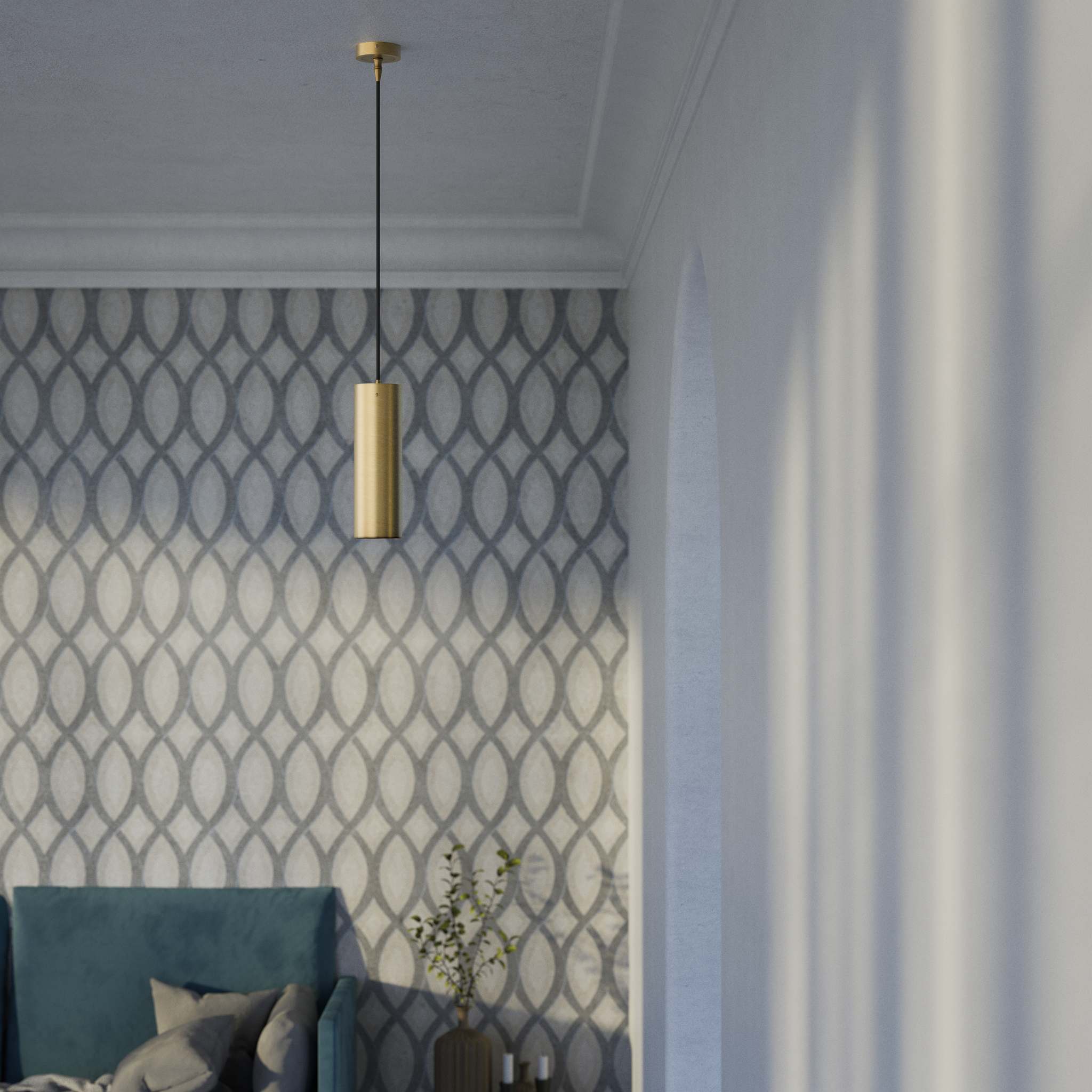 Brass pendant light minimal design cylindrical black textile cable modern interior lighting Made in Italy by Ghidini 1849 - Finish: OBV Bronze Satin Light Brass