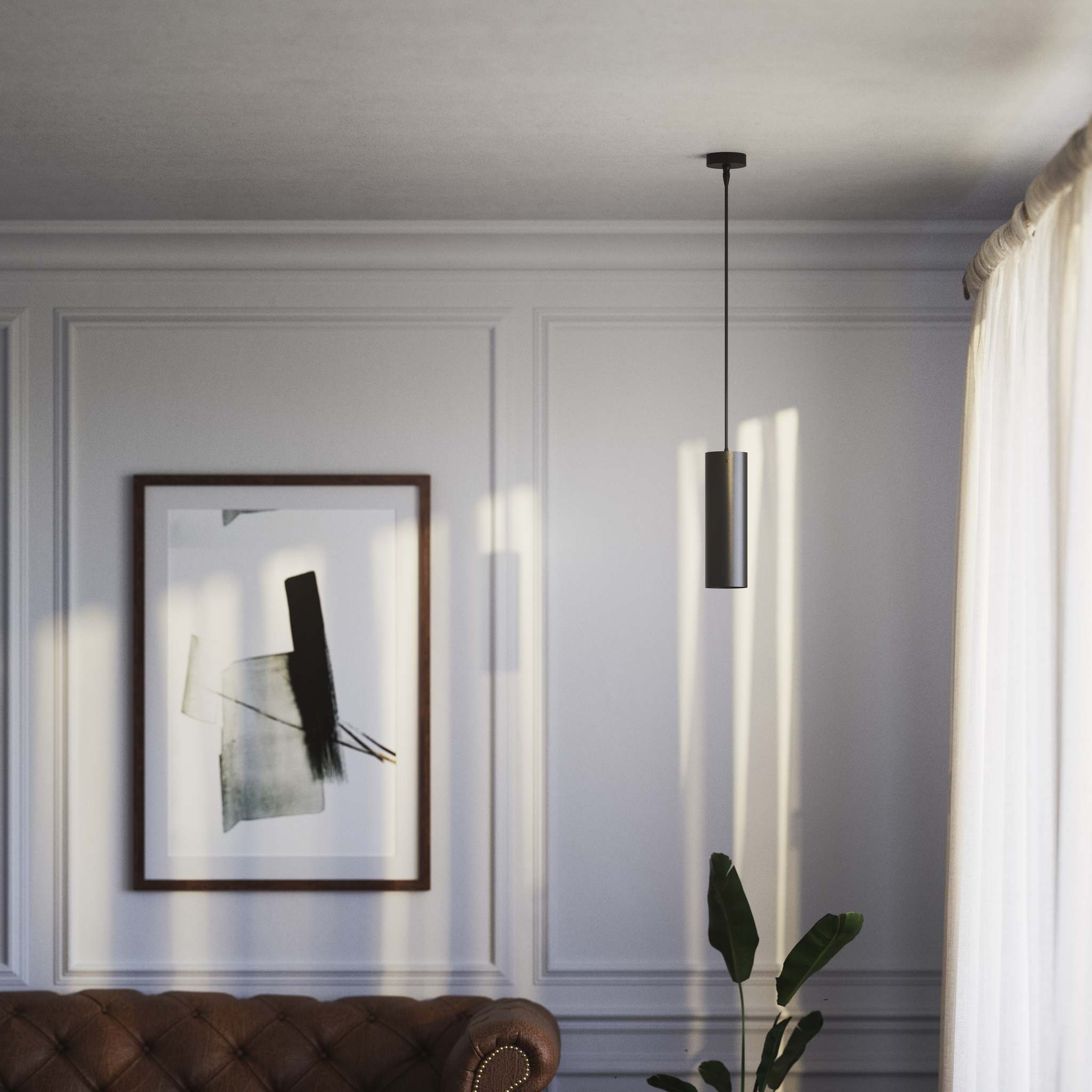 Brass pendant light minimal design cylindrical black textile cable modern interior lighting Made in Italy by Ghidini 1849 - Finish: ONO Matt Black