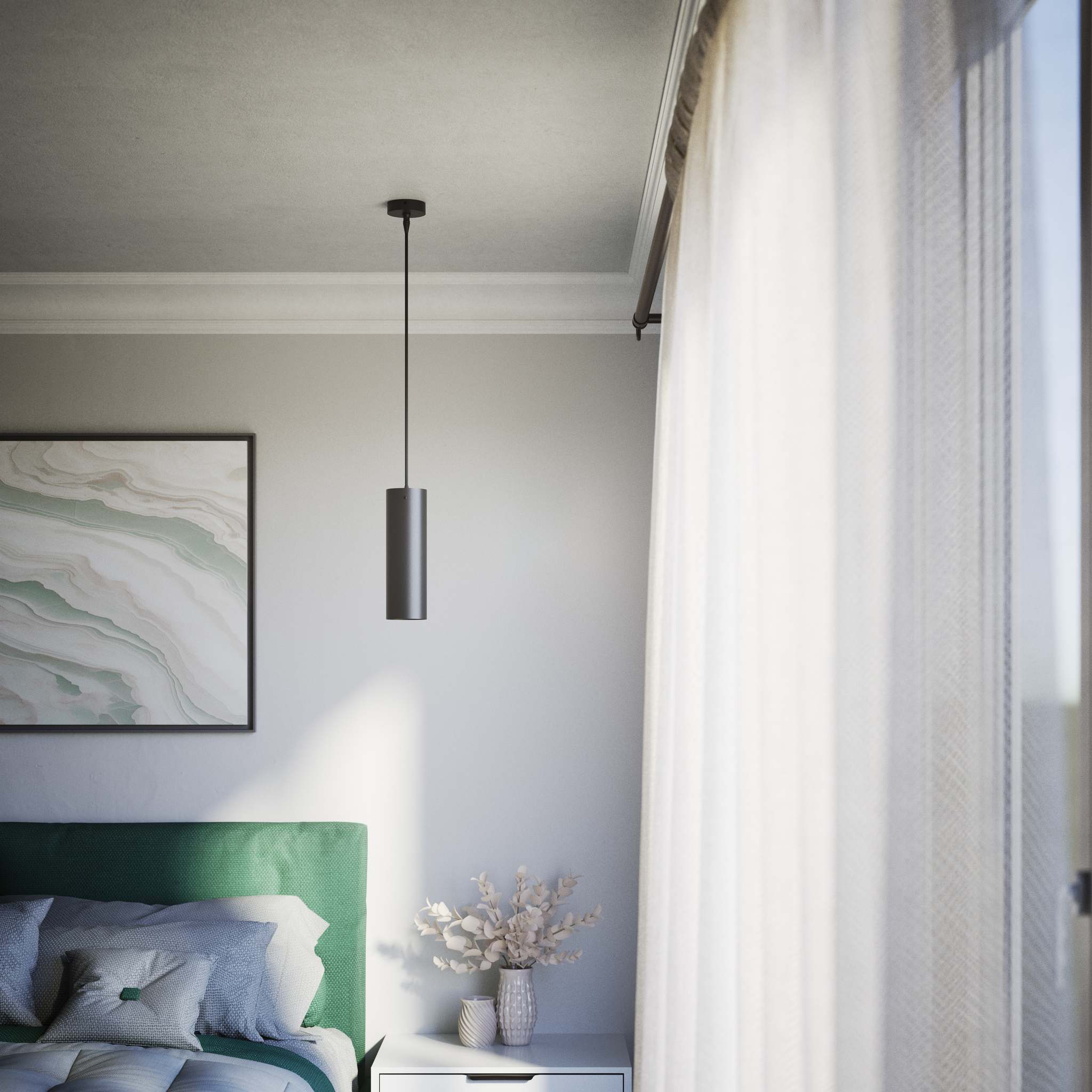 Brass pendant light minimal design cylindrical black textile cable modern interior lighting Made in Italy by Ghidini 1849 - Finish: ONO Matt Black