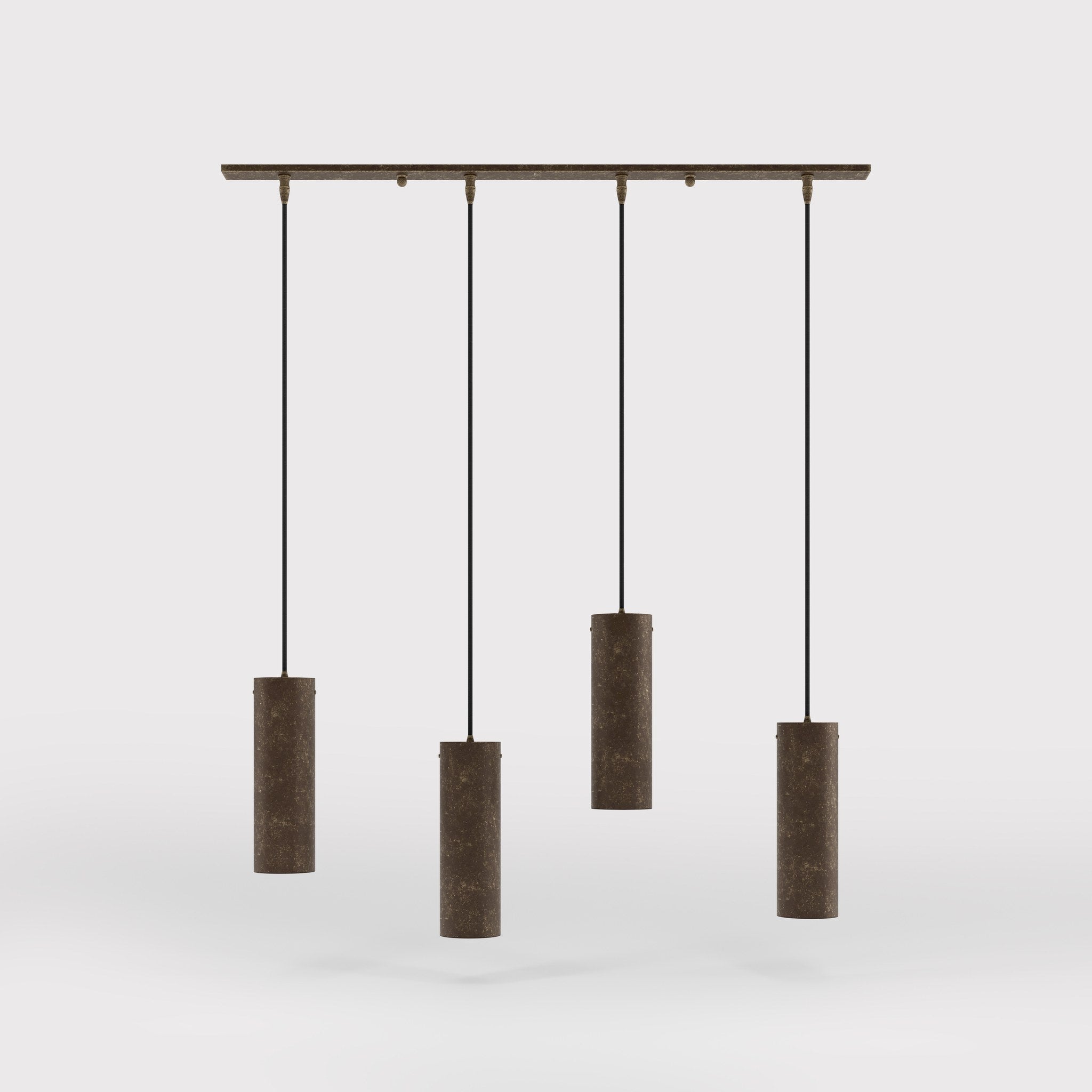 Modern pendant lamp with four brass cylinders and linear bar, height-adjustable pendants with fabric cables, minimalist Venere design by Ghidini 1849 - Finish: OAS Antique Brass