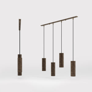 Modern pendant lamp with four brass cylinders and linear bar, height-adjustable pendants with fabric cables, minimalist Venere design by Ghidini 1849 - Finish: OAS Antique Brass