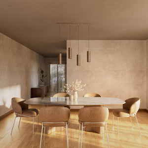 Modern pendant lamp with four brass cylinders and linear bar, height-adjustable pendants with fabric cables, minimalist Venere design by Ghidini 1849 - Finish: OAS Antique Brass