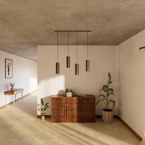 Modern pendant lamp with four brass cylinders and linear bar, height-adjustable pendants with fabric cables, minimalist Venere design by Ghidini 1849 - Finish: OAS Antique Brass