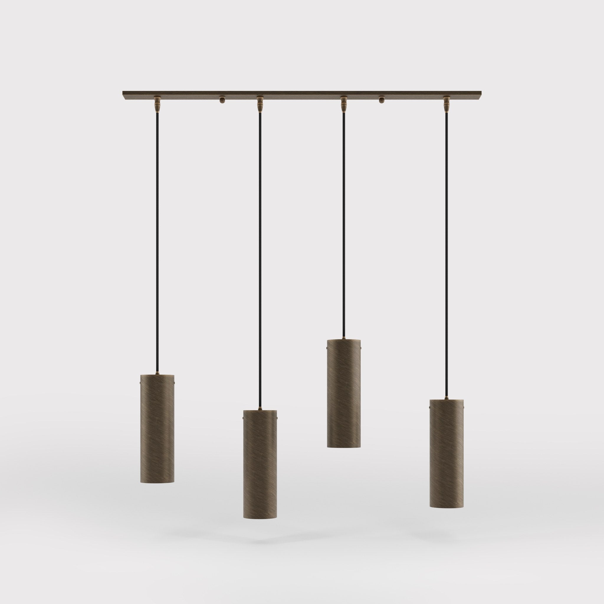 Modern pendant lamp with four brass cylinders and linear bar, height-adjustable pendants with fabric cables, minimalist Venere design by Ghidini 1849 - Finish: OBM Bronze Satin Matt Brass