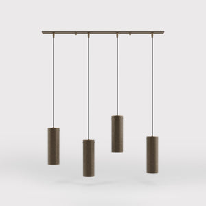 Modern pendant lamp with four brass cylinders and linear bar, height-adjustable pendants with fabric cables, minimalist Venere design by Ghidini 1849 - Finish: OBM Bronze Satin Matt Brass