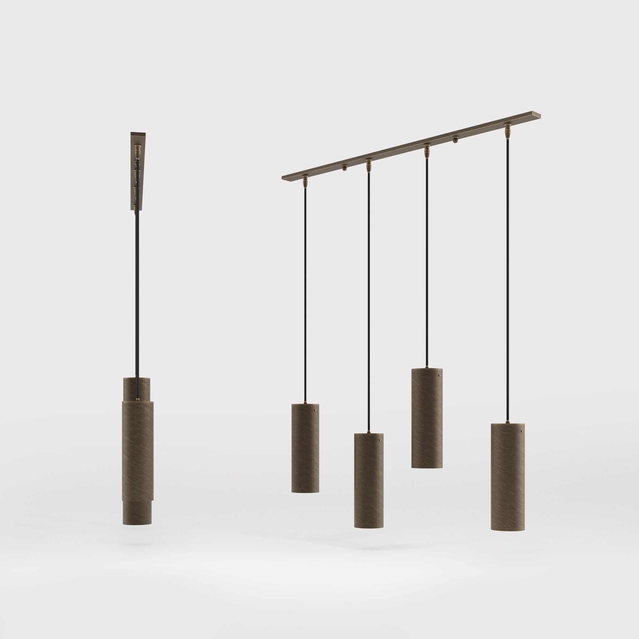 Modern pendant lamp with four brass cylinders and linear bar, height-adjustable pendants with fabric cables, minimalist Venere design by Ghidini 1849 - Finish: OBM Bronze Satin Matt Brass