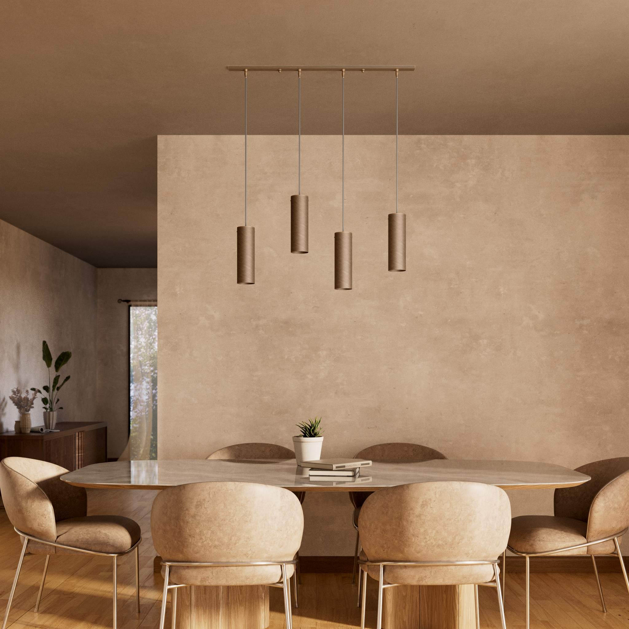Modern pendant lamp with four brass cylinders and linear bar, height-adjustable pendants with fabric cables, minimalist Venere design by Ghidini 1849 - Finish: OBM Bronze Satin Matt Brass