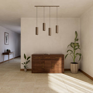 Modern pendant lamp with four brass cylinders and linear bar, height-adjustable pendants with fabric cables, minimalist Venere design by Ghidini 1849 - Finish: OBM Bronze Satin Matt Brass