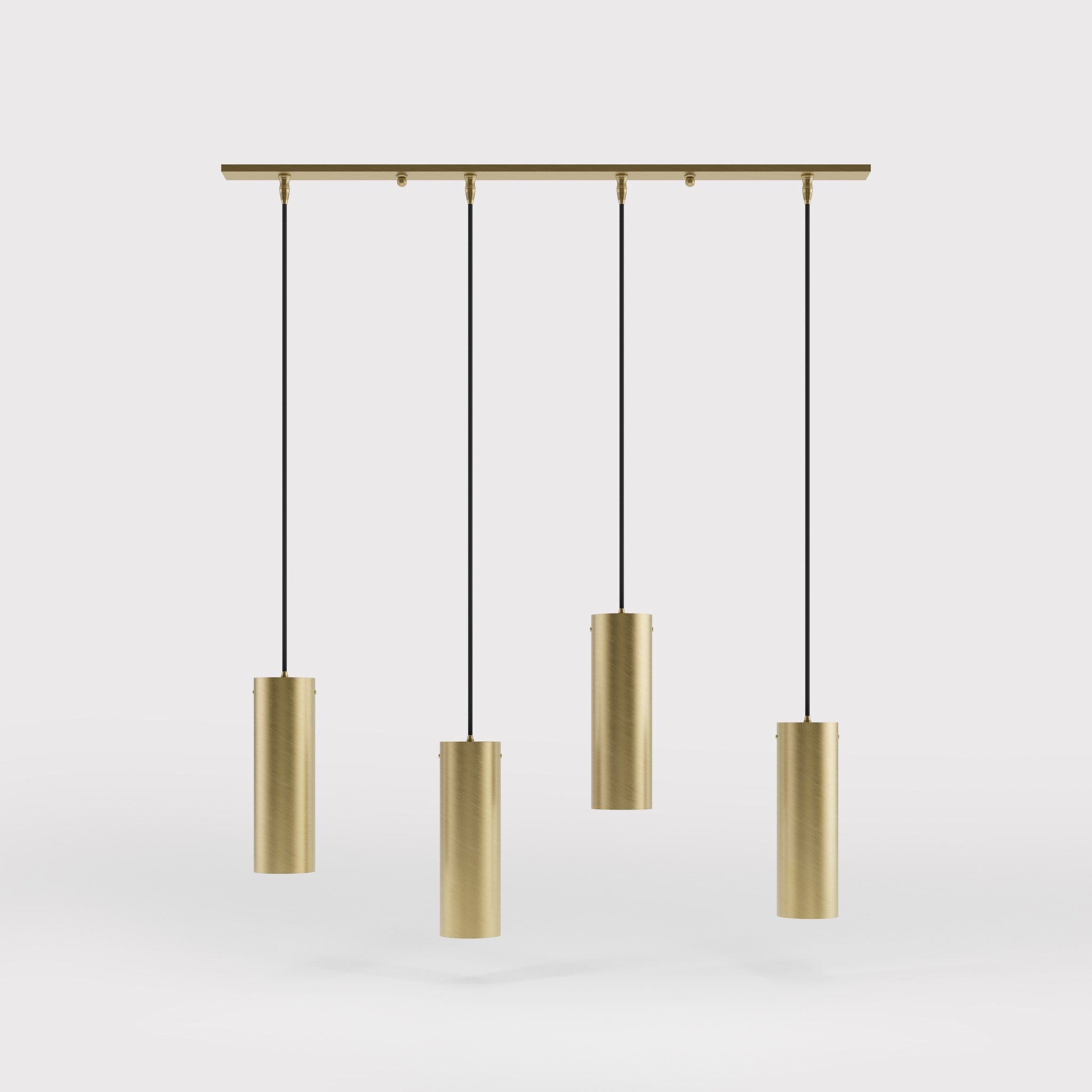 Modern pendant lamp with four brass cylinders and linear bar, height-adjustable pendants with fabric cables, minimalist Venere design by Ghidini 1849 - Finish: OBV Bronze Satin Light Brass