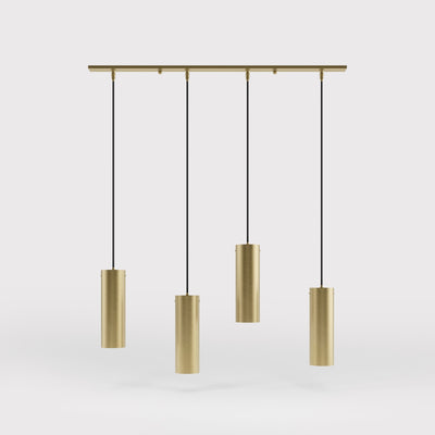 Modern pendant lamp with four brass cylinders and linear bar, height-adjustable pendants with fabric cables, minimalist Venere design by Ghidini 1849 - Finish: OBV Bronze Satin Light Brass