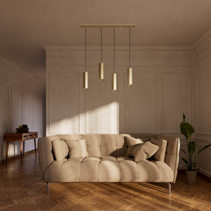 Modern pendant lamp with four brass cylinders and linear bar, height-adjustable pendants with fabric cables, minimalist Venere design by Ghidini 1849 - Finish: OBV Bronze Satin Light Brass