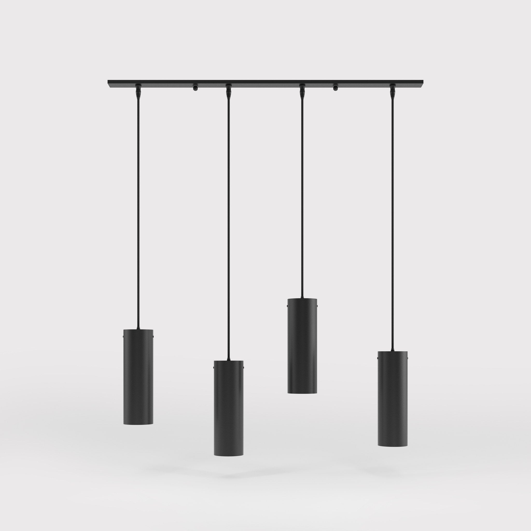 Modern pendant lamp with four brass cylinders and linear bar, height-adjustable pendants with fabric cables, minimalist Venere design by Ghidini 1849 - Finish: ONO Matt Black