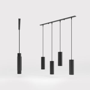 Modern pendant lamp with four brass cylinders and linear bar, height-adjustable pendants with fabric cables, minimalist Venere design by Ghidini 1849 - Finish: ONO Matt Black