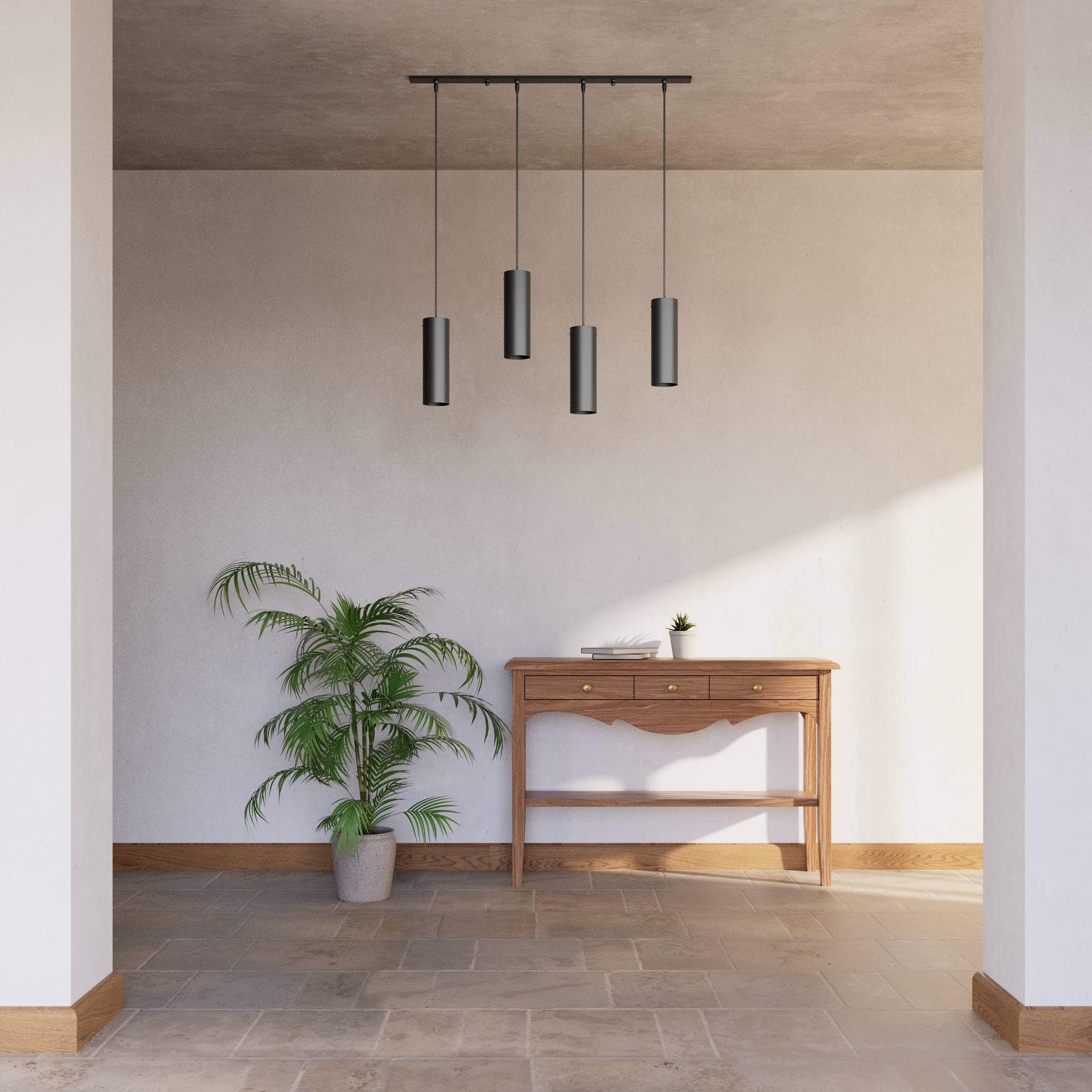 Modern pendant lamp with four brass cylinders and linear bar, height-adjustable pendants with fabric cables, minimalist Venere design by Ghidini 1849 - Finish: ONO Matt Black