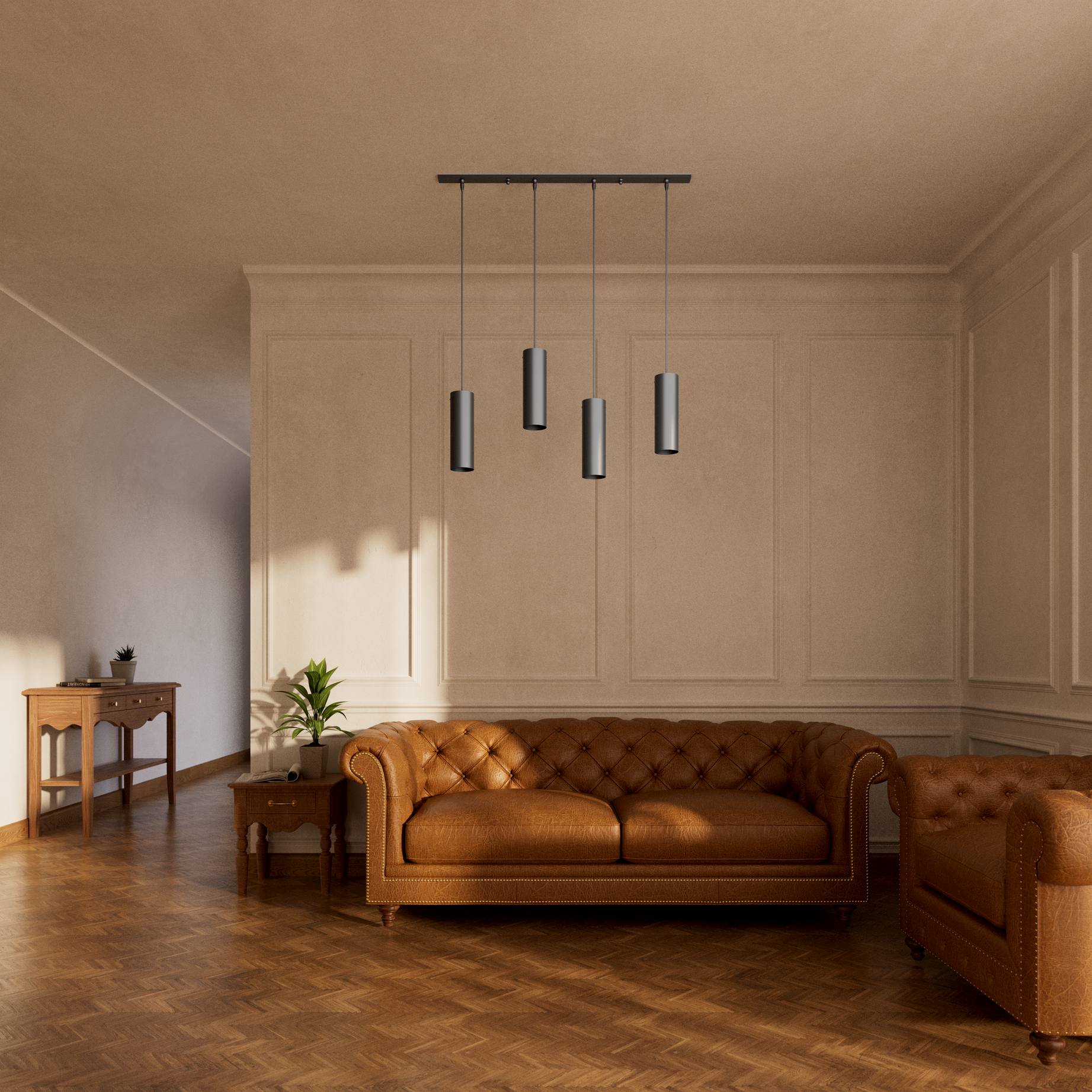 Modern pendant lamp with four brass cylinders and linear bar, height-adjustable pendants with fabric cables, minimalist Venere design by Ghidini 1849 - Finish: ONO Matt Black