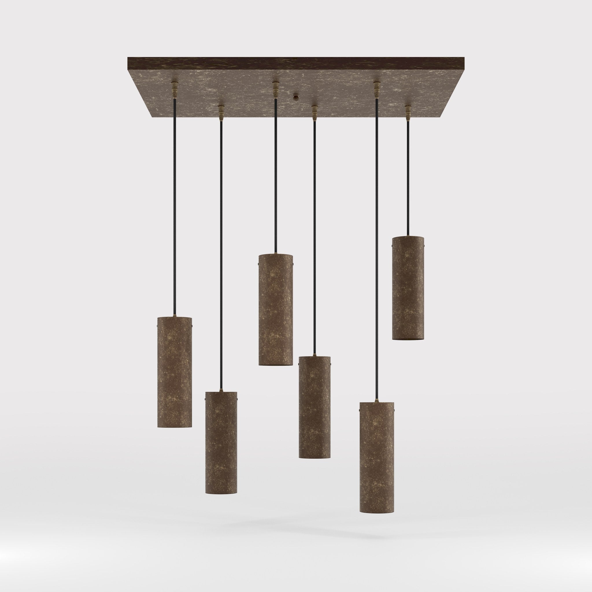 Modern pendant lamp with six brass cylinders arranged in cascade pattern, rectangular base, adjustable fabric cables, Venere design by Ghidini 1849 - Finish: OAS Antique Brass