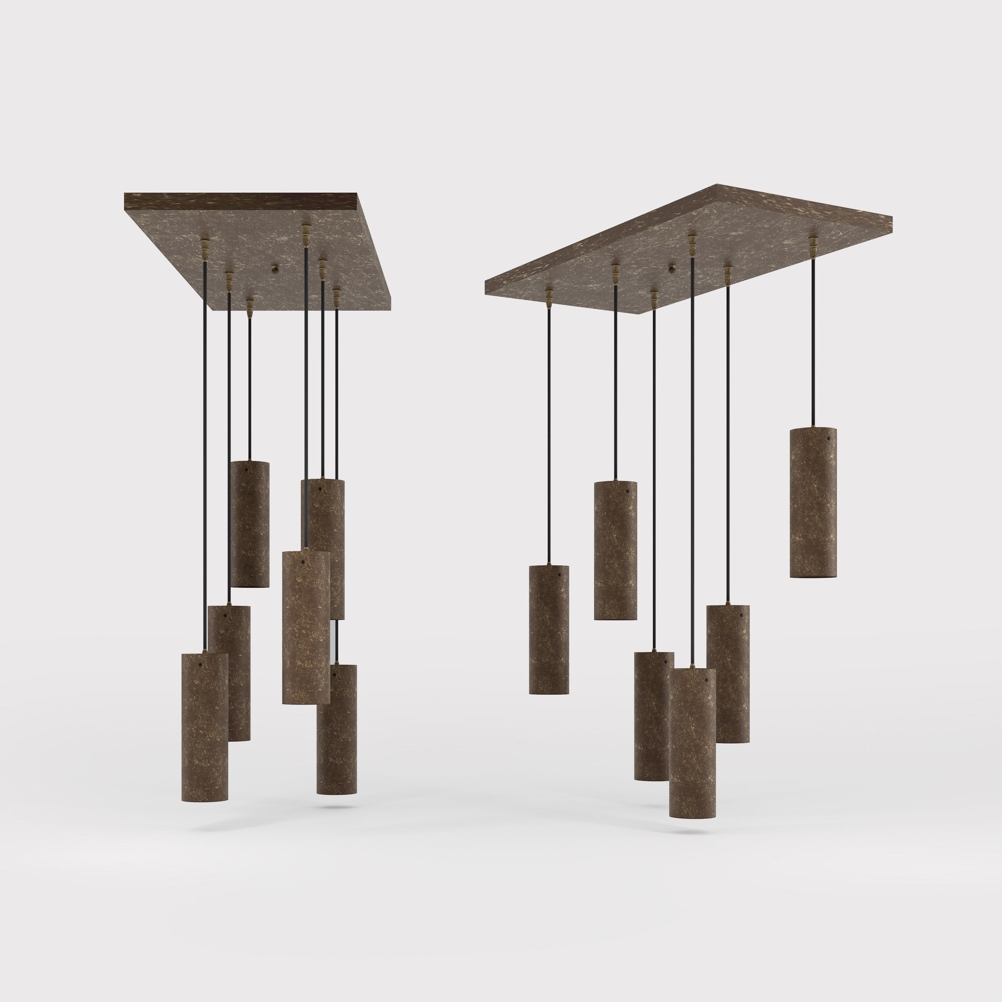 Modern pendant lamp with six brass cylinders arranged in cascade pattern, rectangular base, adjustable fabric cables, Venere design by Ghidini 1849 - Finish: OAS Antique Brass