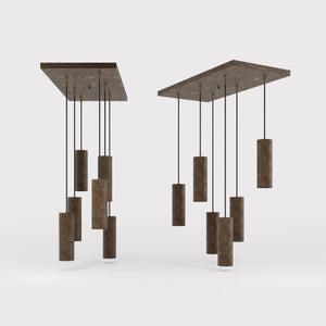 Modern pendant lamp with six brass cylinders arranged in cascade pattern, rectangular base, adjustable fabric cables, Venere design by Ghidini 1849 - Finish: OAS Antique Brass