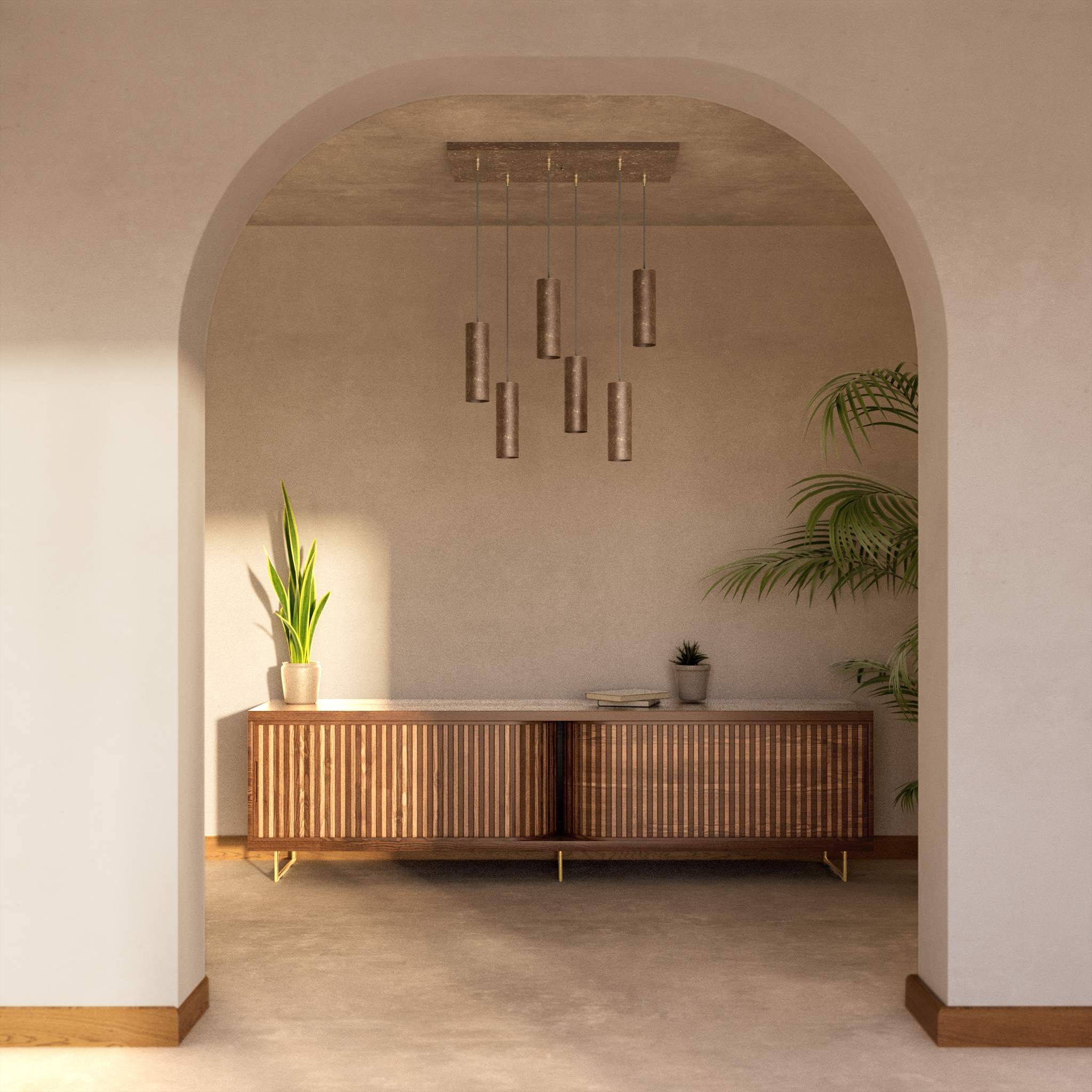 Modern pendant lamp with six brass cylinders arranged in cascade pattern, rectangular base, adjustable fabric cables, Venere design by Ghidini 1849 - Finish: OAS Antique Brass