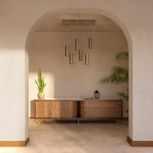 Modern pendant lamp with six brass cylinders arranged in cascade pattern, rectangular base, adjustable fabric cables, Venere design by Ghidini 1849 - Finish: OAS Antique Brass